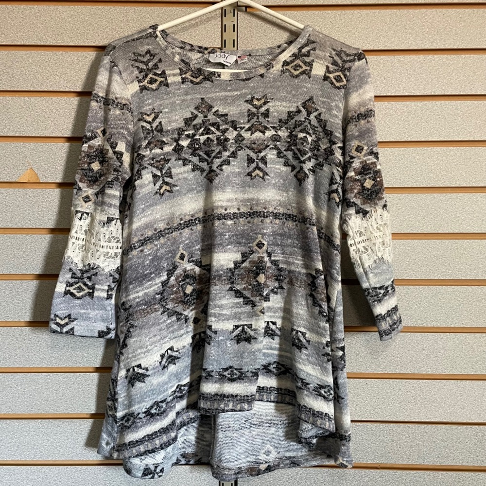 Jody California Womens Southwestern Geometric Knit Tunic 3/4 Sleeve Lace Greyโ L